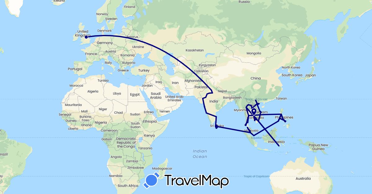 TravelMap itinerary: driving in United Kingdom, Indonesia, India, Cambodia, Laos, Sri Lanka, Malaysia, Philippines, Singapore, Thailand, Vietnam (Asia, Europe)